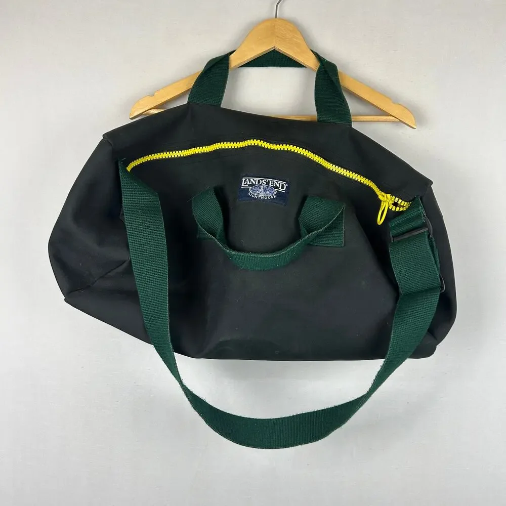 Lands' End Lighthouse Vintage Round Duffle Bag Black/Green Weekender Made in USA